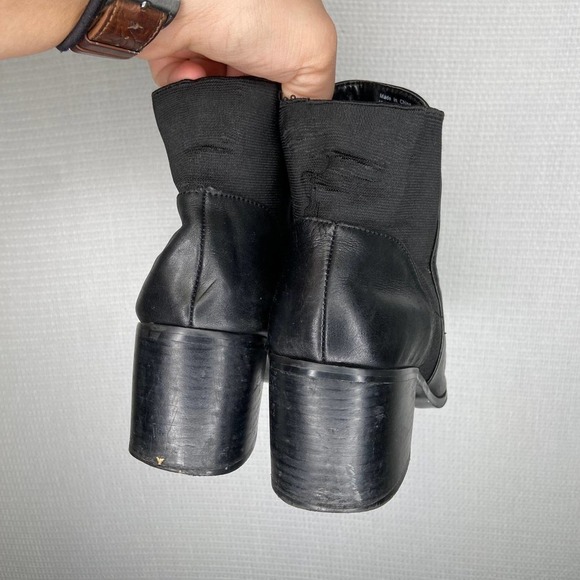 ALDO Black Leather Ankle Boots Pointed Toe Block Heel Elastic Side Panels - Picture 3 of 6